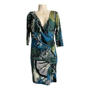 Allison Brittney Dress Women's M Multicolor Abstract Print Surplice Neck M Y2K